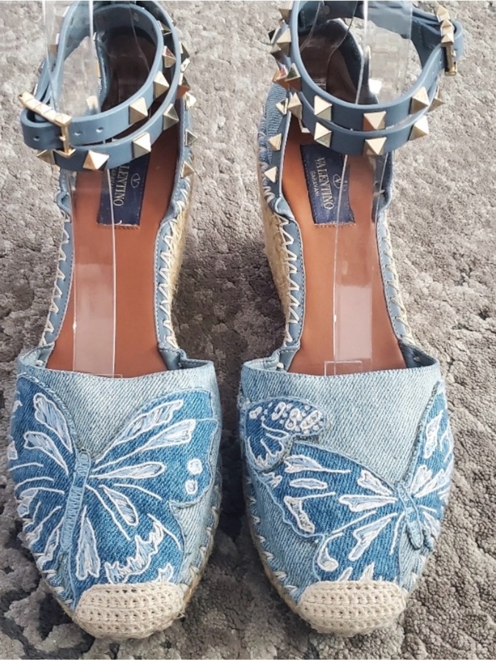 Valentino Garavani Light Blue Denim Butterfly Espadrille Wedge Sandals